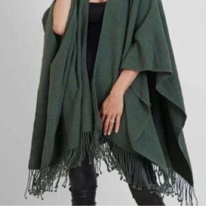 Mer Sea Classic Travel Wrap Shawl OS Fringe Trim Pockets Forest Green